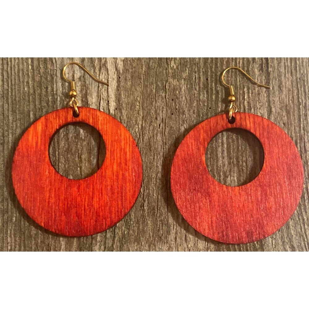 Wood Earrings - 2" x 2" Offset Circle - Red Dye - E003-D2